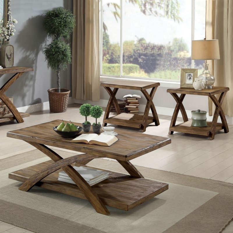 Rustic Oak Coffee Table Set Wood with Open Storage Shelf