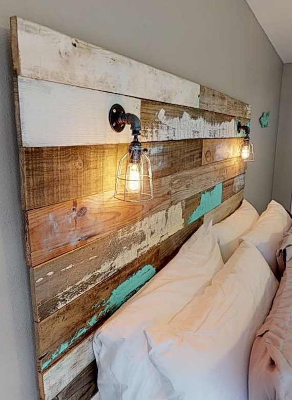 Rustic Plank Headboard with Integrated Lanterns, Chippy Paint