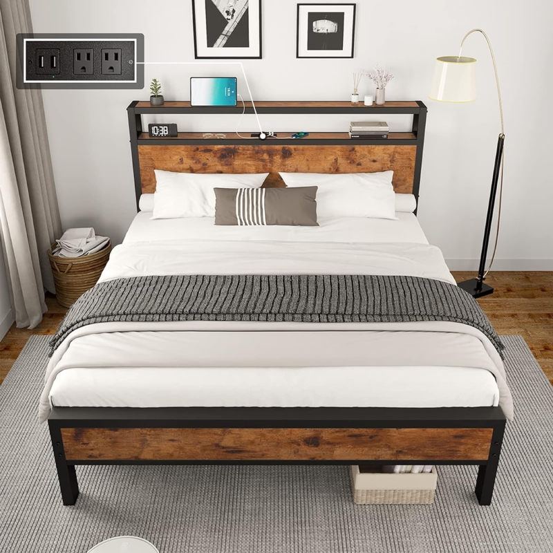 Rustic Platform Bed with Headboard Shelf & Charging Station