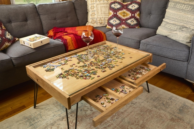 Rustic Puzzle Coffee Table with Glass Shadow Box Top and X-Frame
