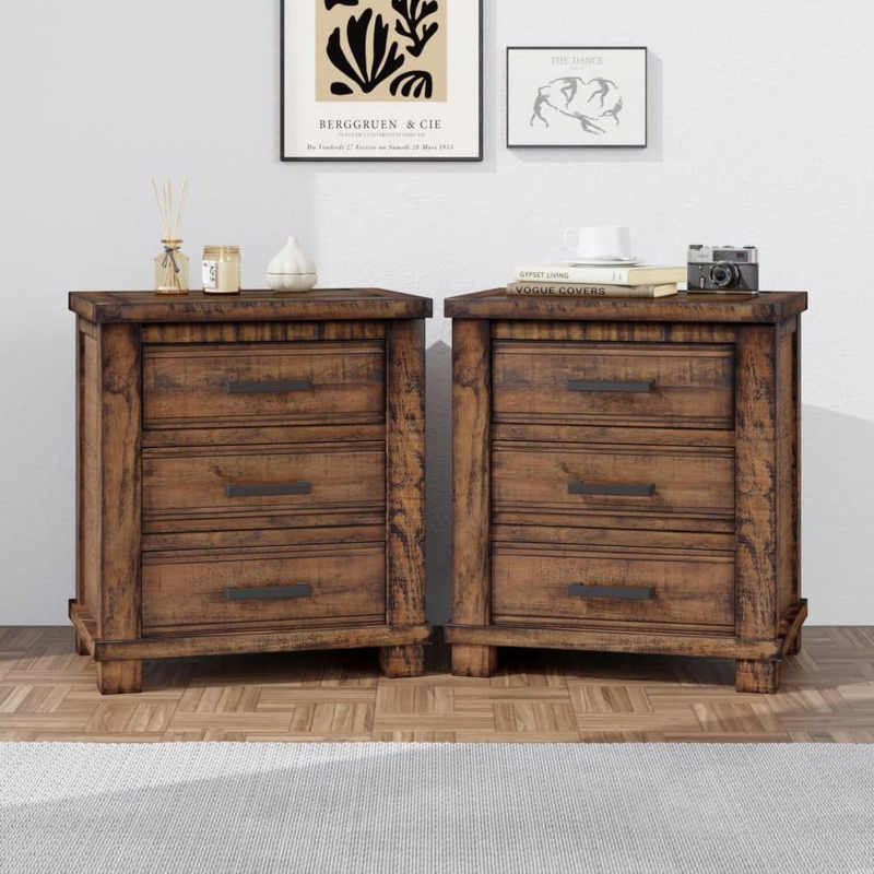 Rustic Reclaimed Wood Nightstand Set with Three Drawers