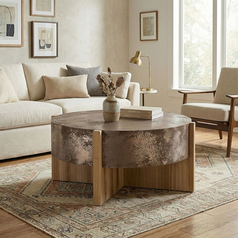 Rustic Round Coffee Table, Distressed Rust Top and Chunky Tripod Legs