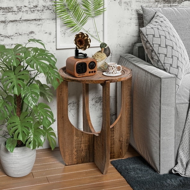 Rustic Round Pedestal End Table with Curved Legs