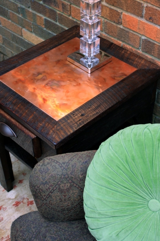 Rustic Side Table with Two-Drawer Storage and Hammered Copper Top