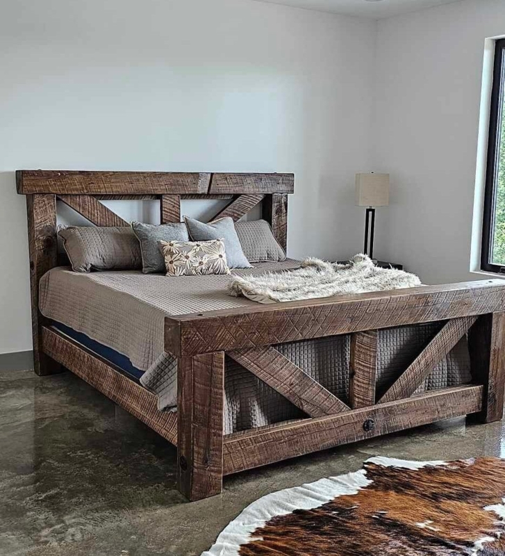 Rustic Timber Bed Frame with Massive Wood Beams & Trestle Footboard