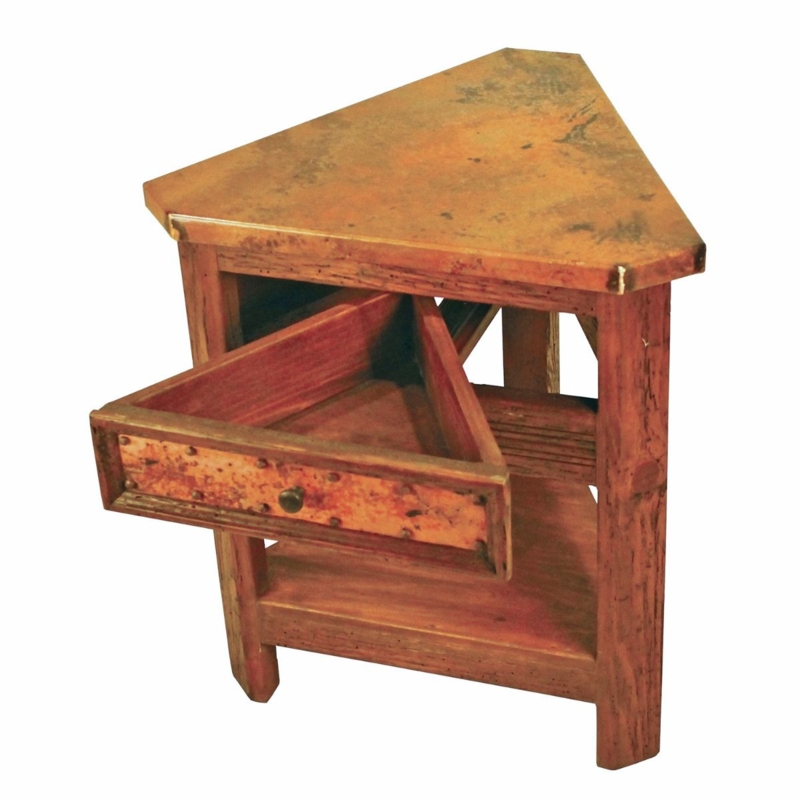 Rustic Triangular Corner Nightstand with Hammered Copper Drawer