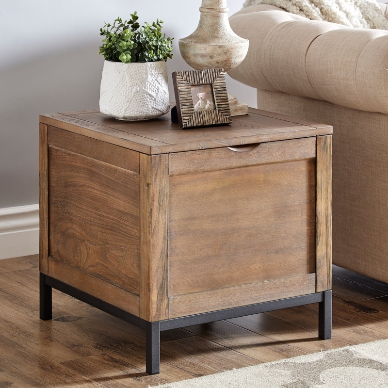 Rustic Trunk End Table Storage, Hidden Compartment, Metal Corners.