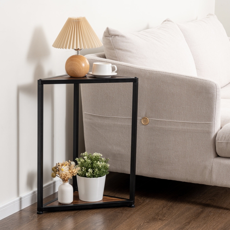 Rustic Two-Tier Triangular Corner End Table with Metal Frame