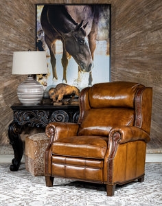 Rustic Western Recliner with Cowhide Panels and Oversized Nailhead Trim