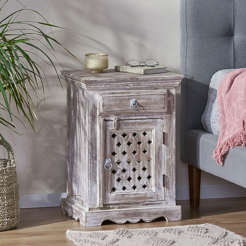 Rustic Whitewashed Wood Nightstand Single Drawer Cabinet Door