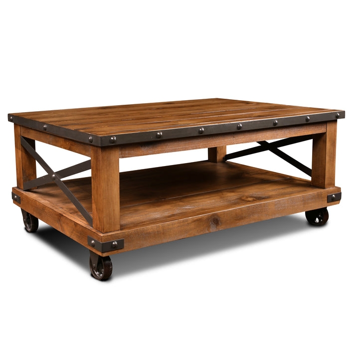 Rustic Wood and Metal Table, Industrial Cross Bar Brace & Casters
