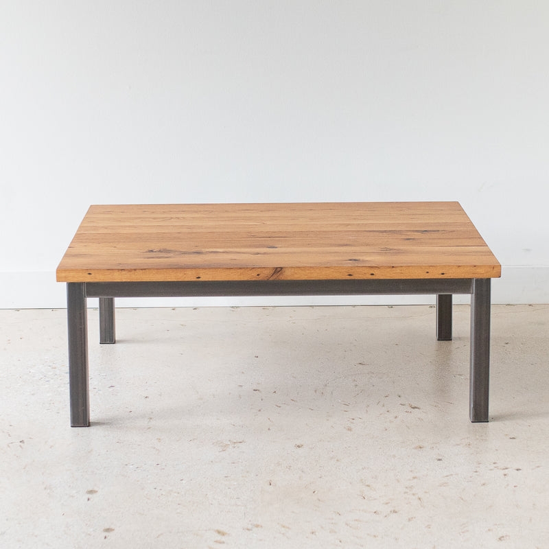 Rustic Wood and Metal Table Thick Plank Top Industrial Sled Base
