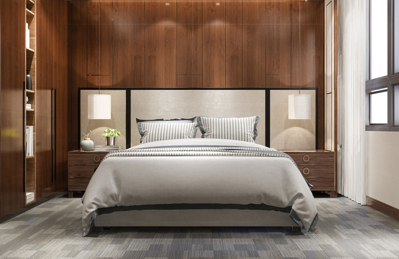 Rustic Wood Bed Frame with Beige Button Tufted Headboard