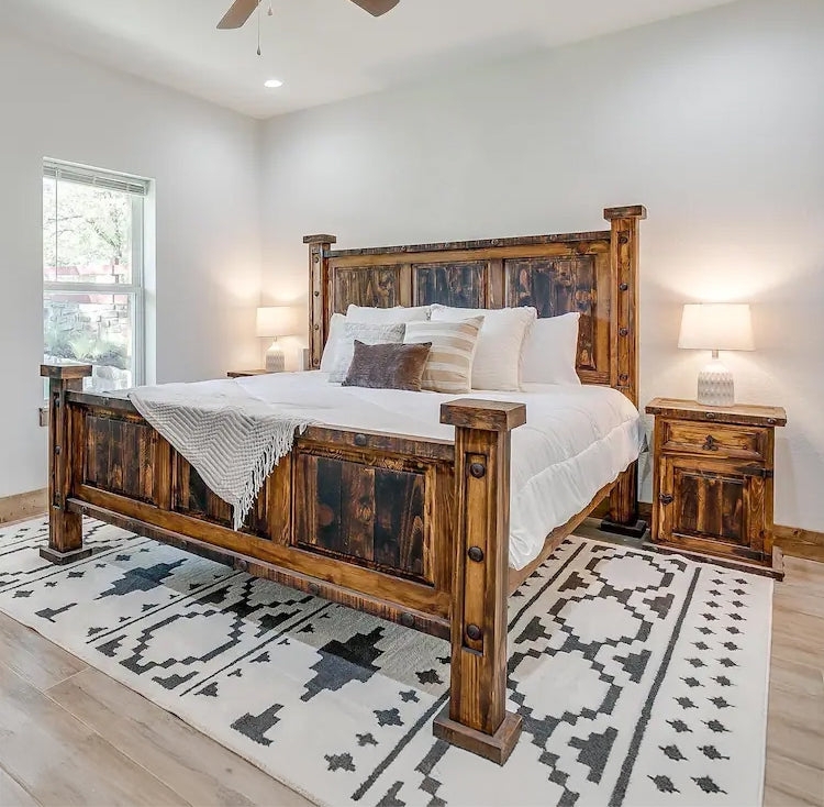 Rustic Wood Bedroom Set with Knocker Style Pulls & Block Feet
