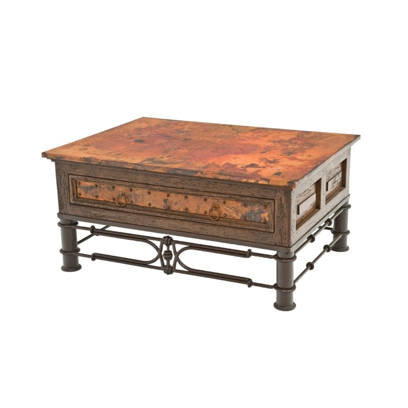 Rustic Wood Coffee Table Storage Three Drawers Hammered Copper Top