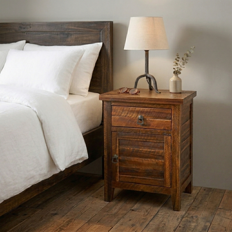 Rustic Wood Nightstand with Natural Knots and Open Shelf