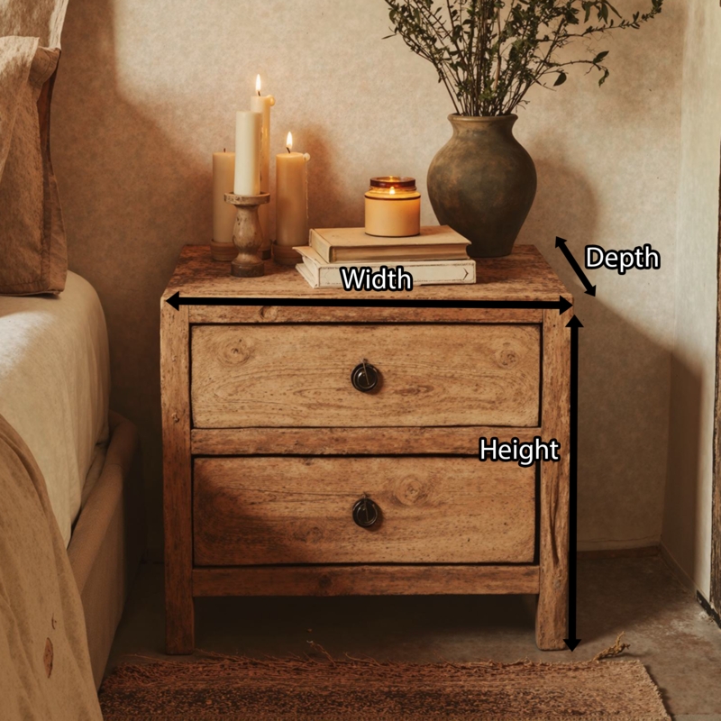 Rustic Wood Nightstand with Two Drawers and Slatted Sides