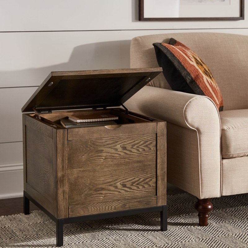 Rustic Wood Side Table with Tray, Bracket Feet, Antique Brass.