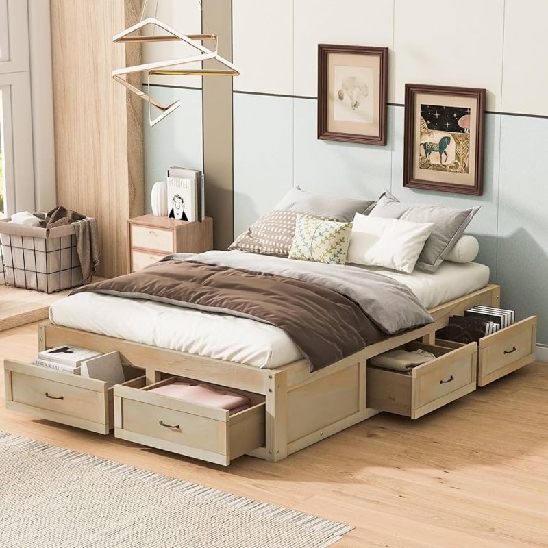 Rustic Wood Storage Bed with Six Drawers and Headboard Free Design
