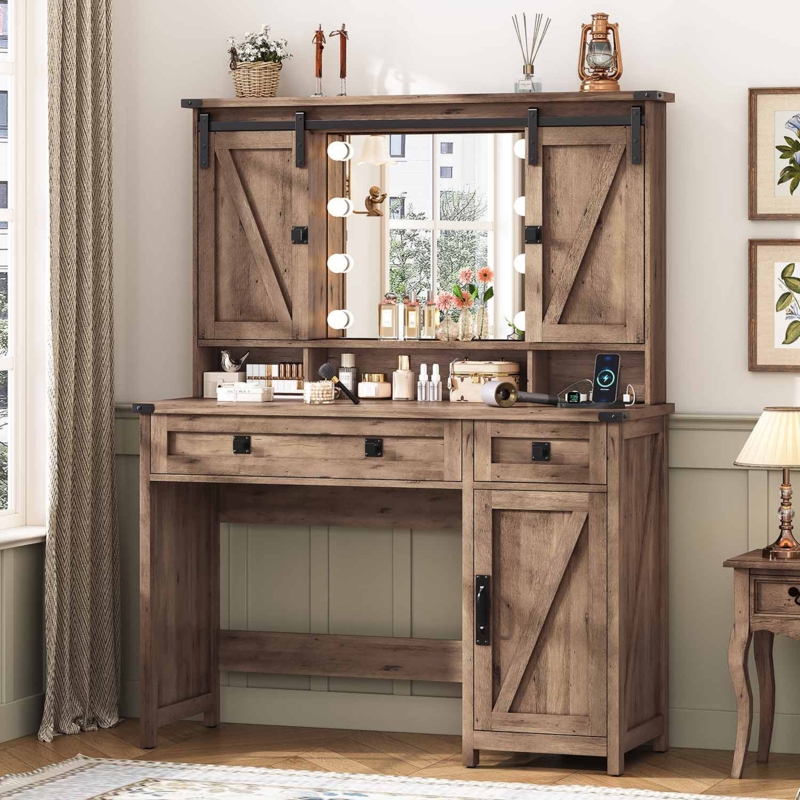 Rustic Wooden Makeup Vanity Set with Sliding Barn Doors