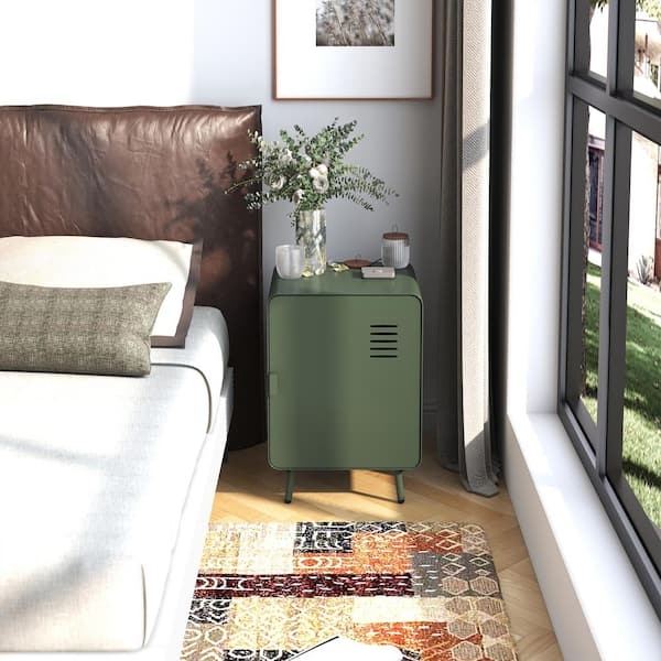 Sage Green Metal Nightstand with Walnut-Toned Top and Single Door