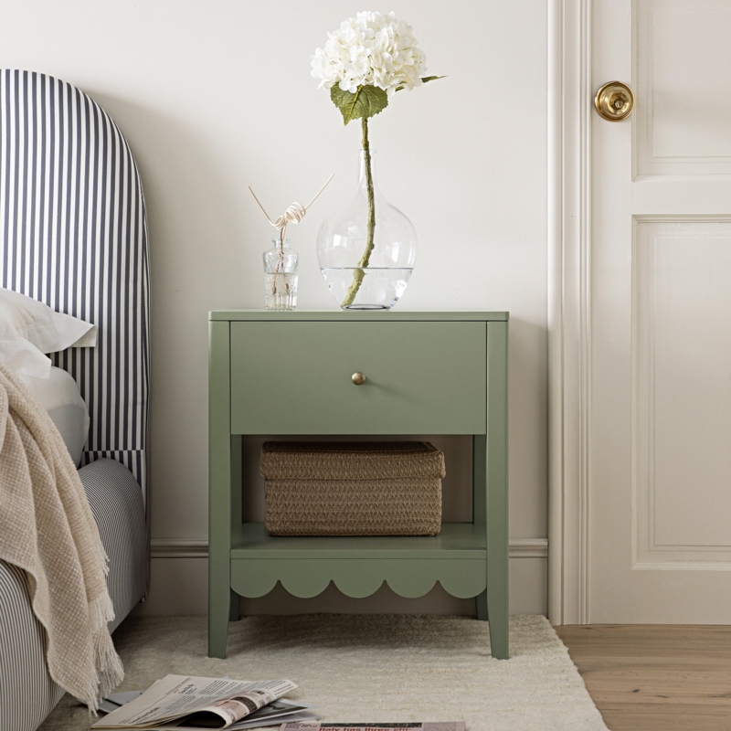 Sage Green Nightstand with Scalloped Apron and Open Lower Shelf
