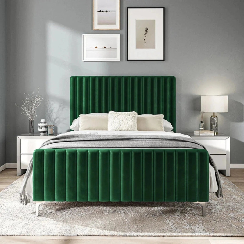 Sage Green Upholstered Bed Vertical Channel Tufted Headboard