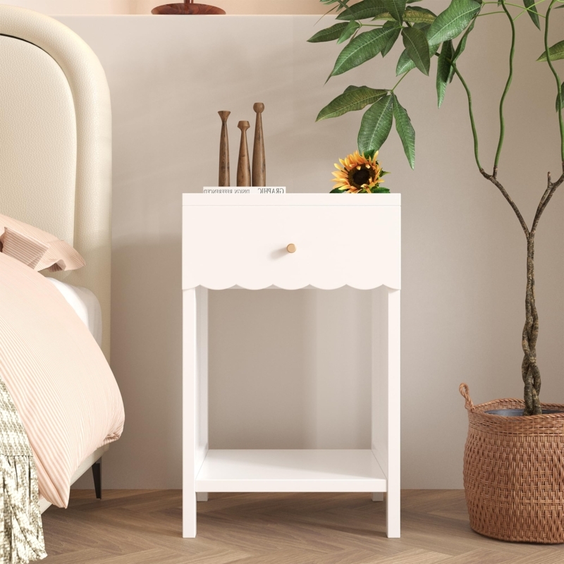 Scalloped Edge Nightstand with Open Shelf and Gold Knob Accent