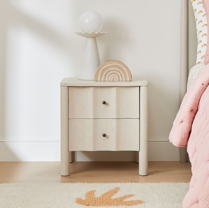 Scalloped Top Edge Nightstand with Two Drawers and Gold Knobs