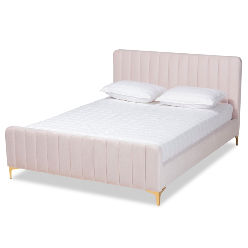 Scalloped Velvet Platform Bed with Gold Legs, Light Pink