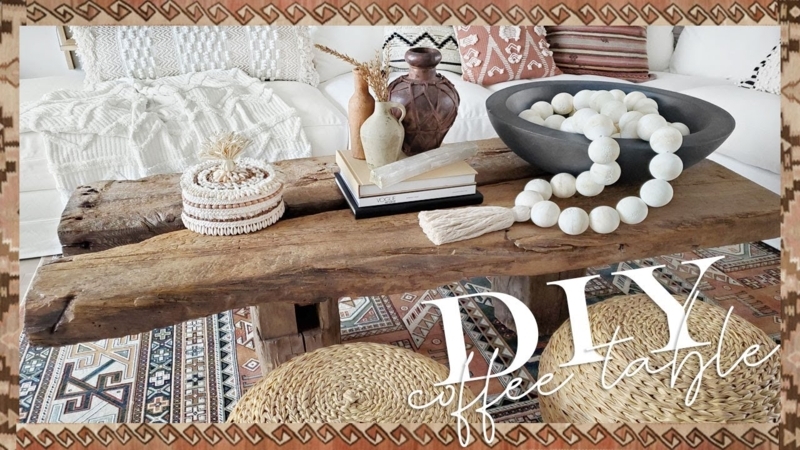 Scandi-Boho Wood Coffee Table featuring Tambour Slatted Drum Base