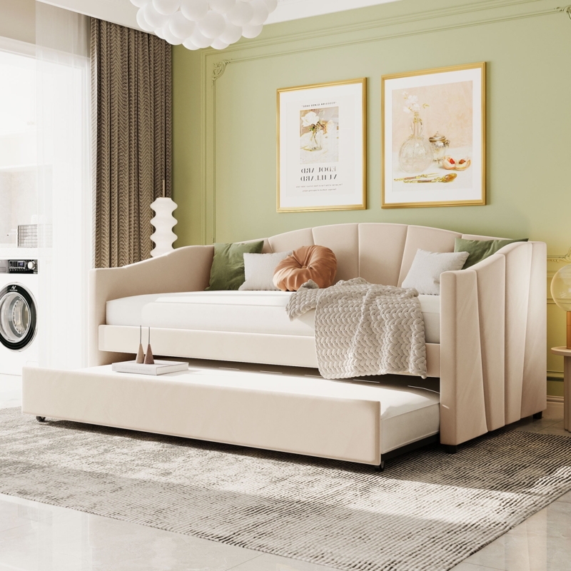 Scandinavian Beige Daybed with Curved Back and Trundle