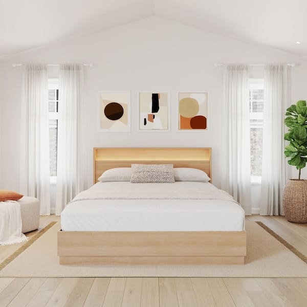 Scandinavian Blonde Oak Platform Bed with Slatted Panel and LEDs