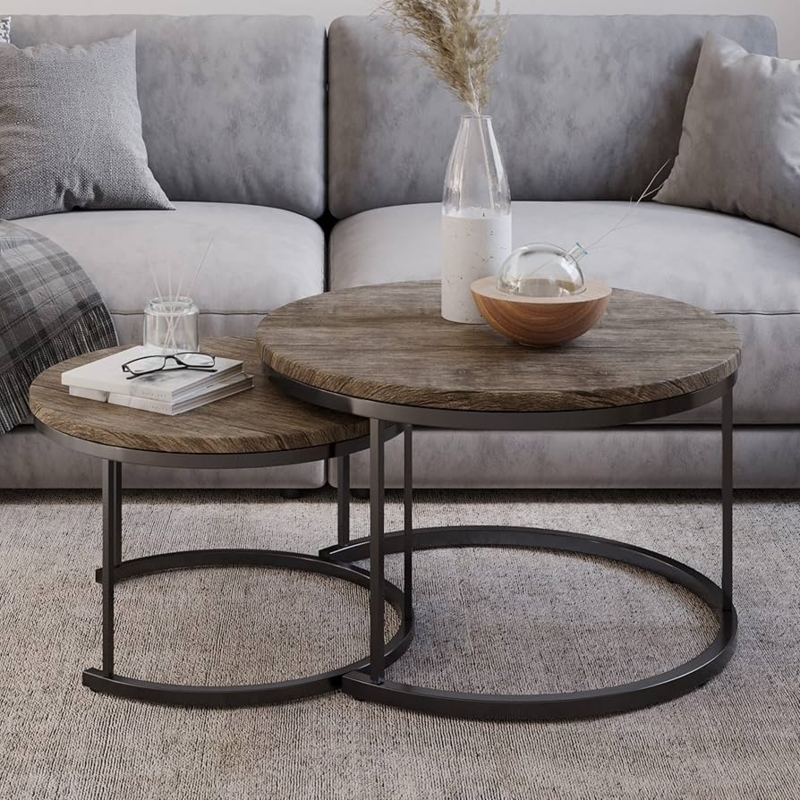 Scandinavian Coffee Table Set, Nesting Mixed Material Tops, Black Metal