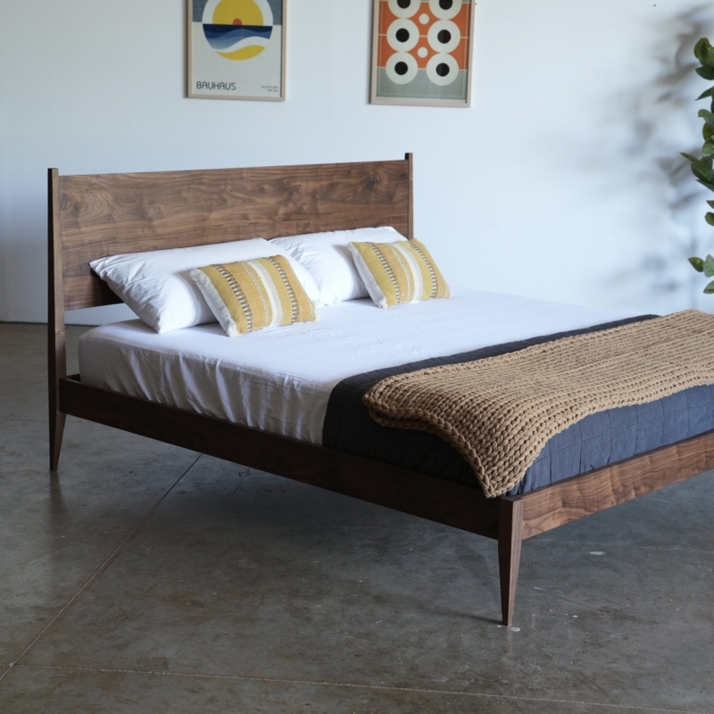 Scandinavian Platform Bed Horizontal Slats, Natural Wood & Tapered Legs