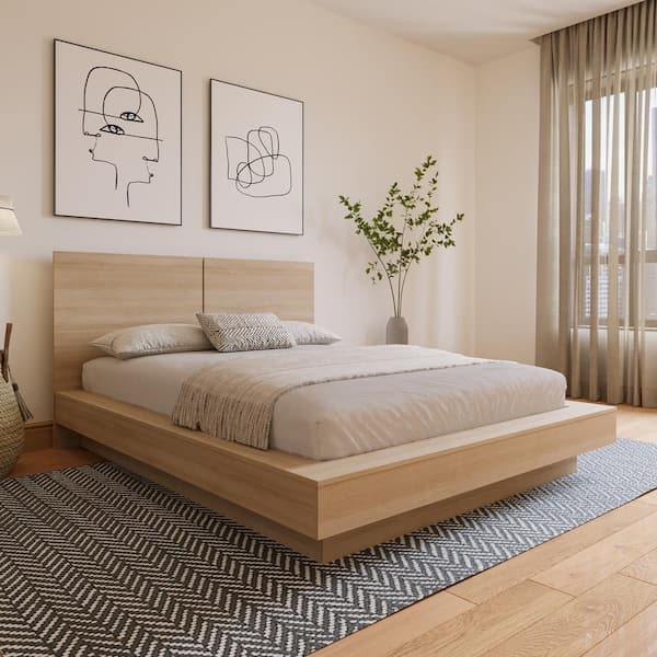 Scandinavian Platform Bed Light Wood Tone Minimalist Headboard