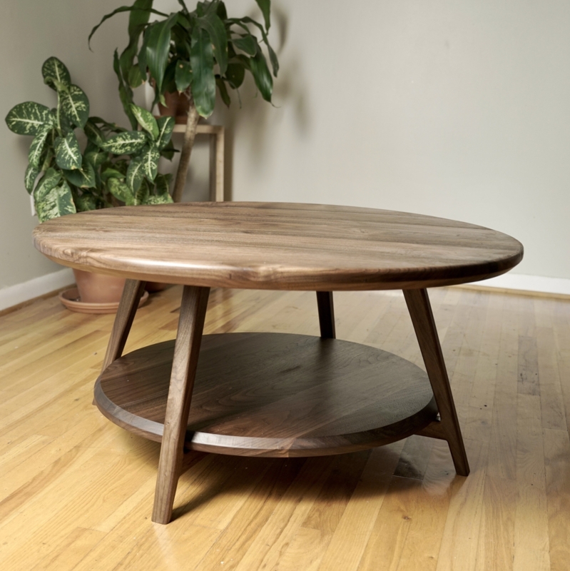 Scandinavian Round Coffee Table with Lower Storage Shelf & Tapered Legs