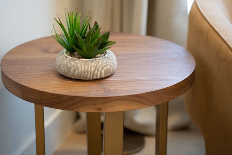 Scandinavian Round End Table, Angled Tapered Legs, Natural Wood Grain