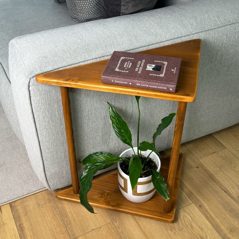 Scandinavian Triangular Side Table with Slatted Lower Shelf