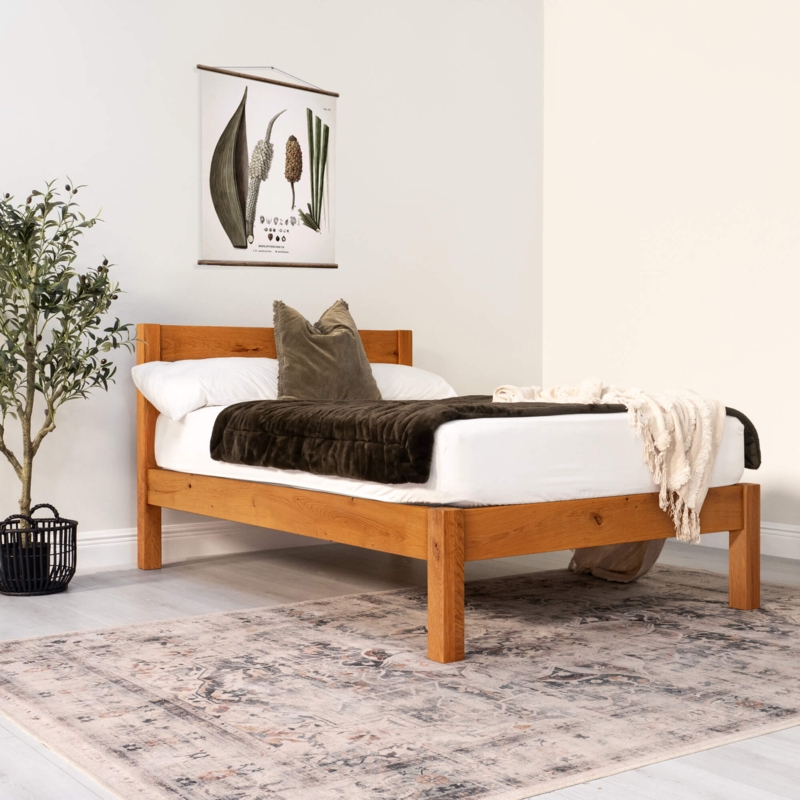 Scandinavian Wood Bed Frame with Vertical Slatted Headboard