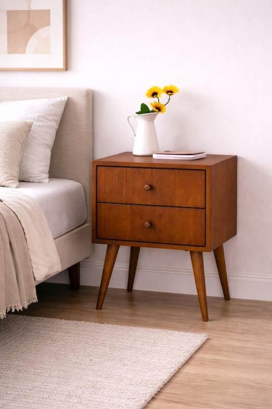 Scandinavian Wooden Bedside Tables Pair, Honey Brown, Integrated Handle