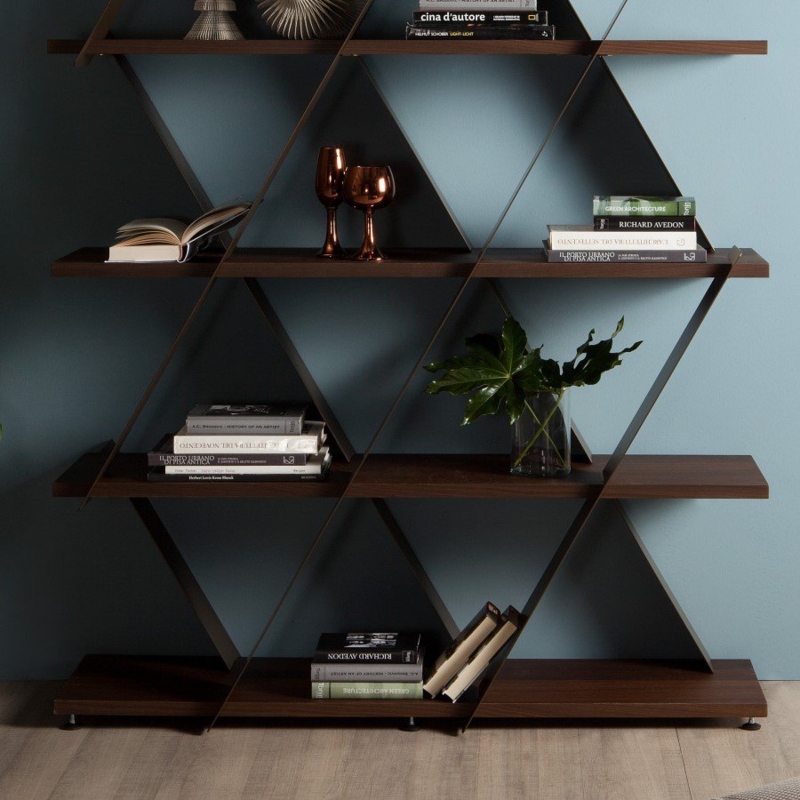 Sculptural Bookcase with Stacked Geometric Modules in Warm Wood Tone