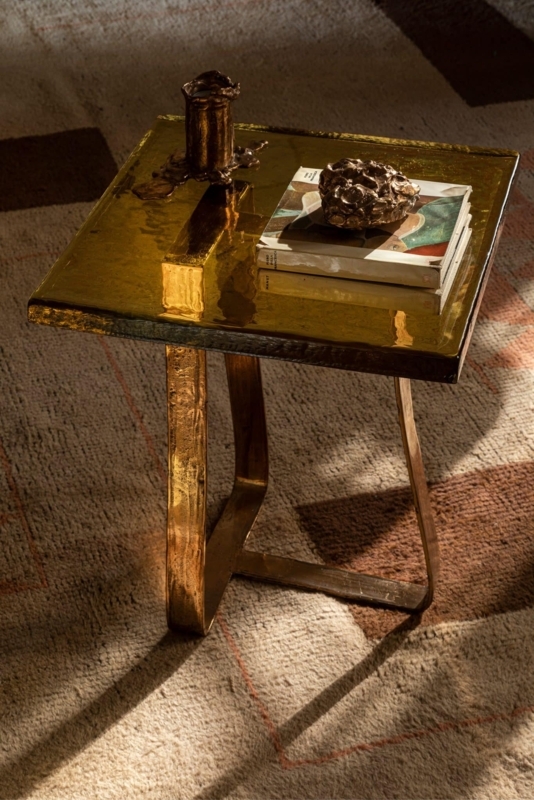 Sculptural Coffee Table Amber Cast-Glass Organic Bronze Base