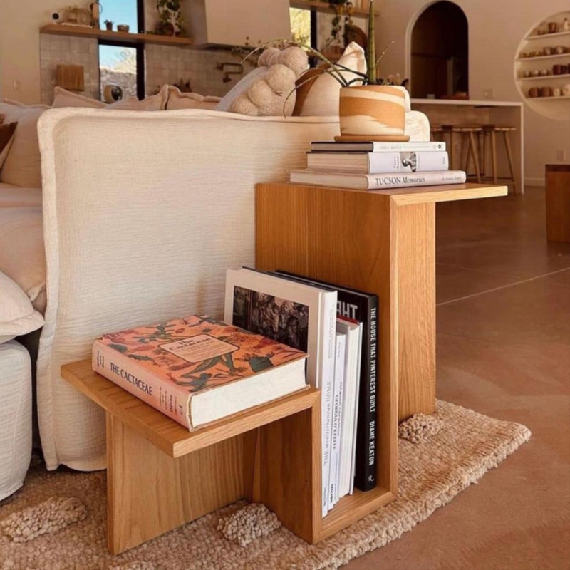 Sculptural Side Table with V-Cutout Base, White Oak Finish, Japandi Style