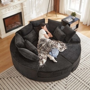 Sectional Sofa Black Corduroy Circular Oversized Lounger