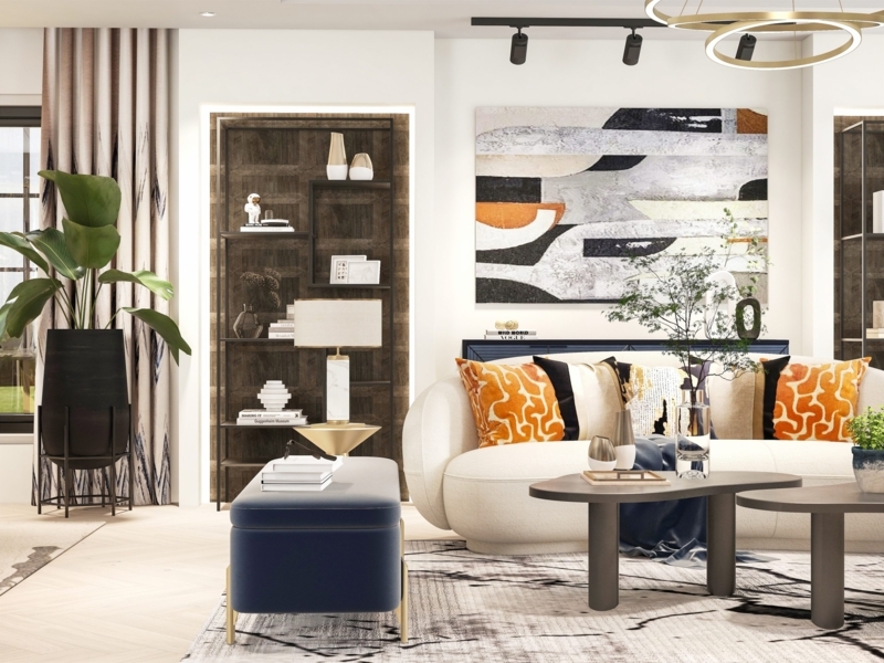 Sectional Sofa Cream L-Shaped in Modern Lounge with Gold Accents