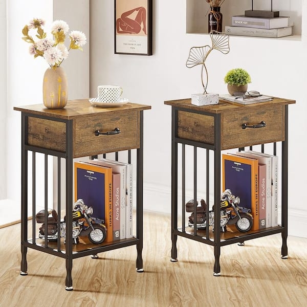 Set of 2 Antique Brown Industrial Nightstands with X-Frames