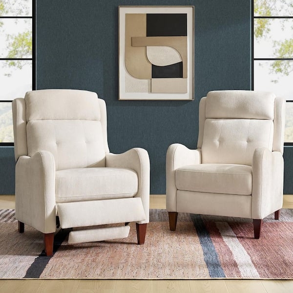 Set of 2 Beige Button-Tufted Push-Back Recliners with Rolled Arms