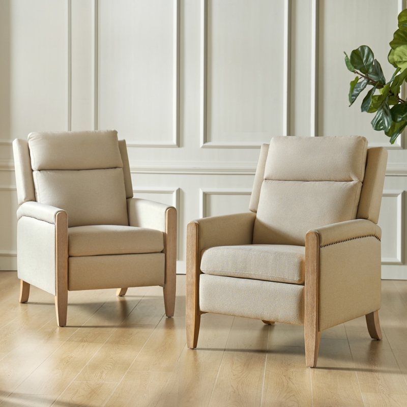 Set of 2 Beige Recliners with Nailhead Trim & Segmented Backs