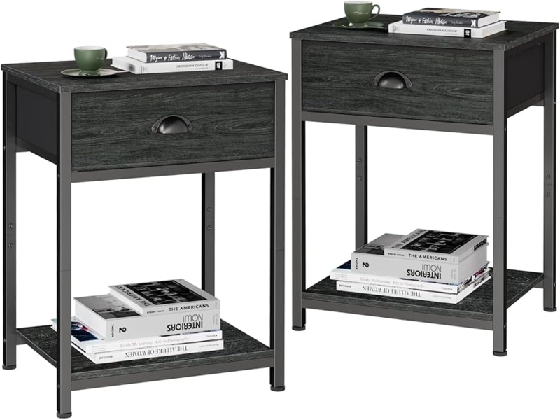 Set of 2 Industrial Nightstands with Fabric Drawer and Tiered Storage